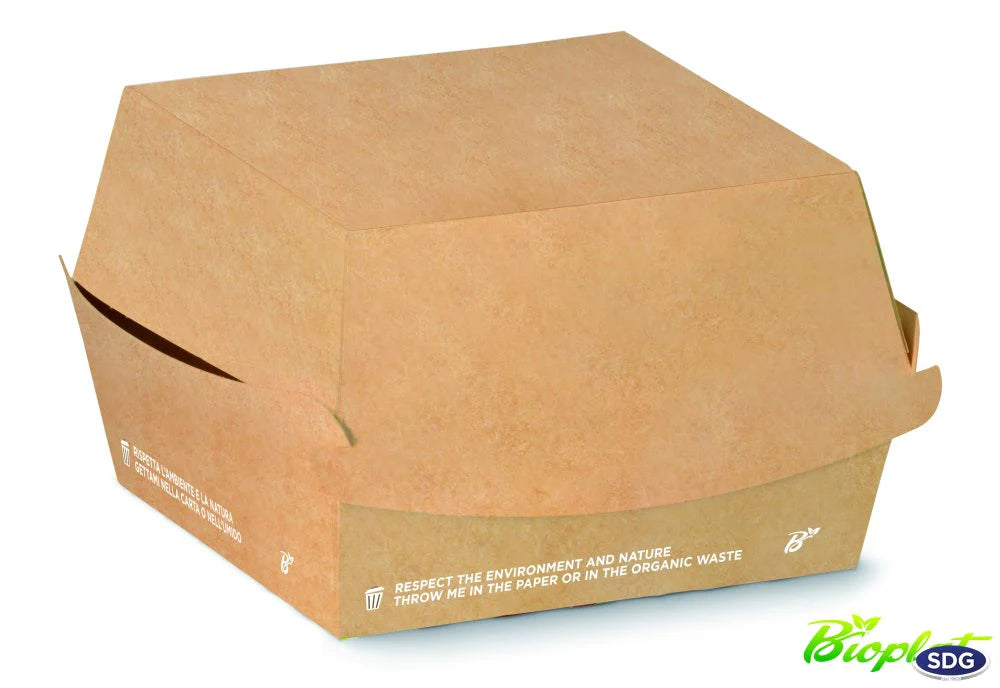 Porta Hamburger Panino Avana In Cartoncino Biodegradabile Pla  Mis.  100X100X70mm
