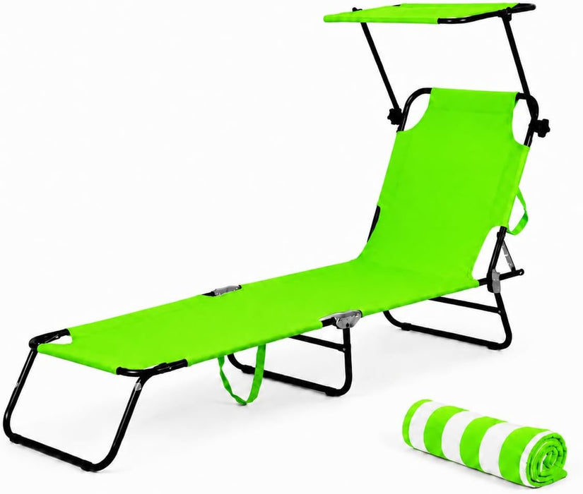 Lettino Spiaggia Richiudibile con Schienale Regolabile  | Acciaio Ø18 mm, poliestere resistente, parasole orientabile, 187x62,5 cm aperto, 70x55 cm chiuso
