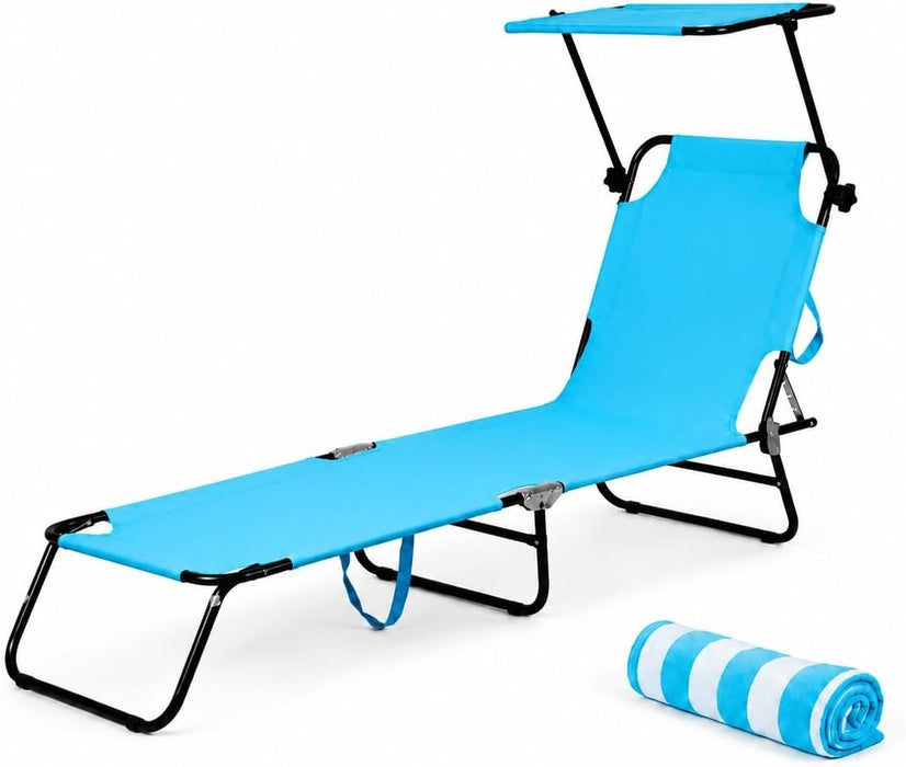 Lettino Spiaggia Richiudibile con Schienale Regolabile  | Acciaio Ø18 mm, poliestere resistente, parasole orientabile, 187x62,5 cm aperto, 70x55 cm chiuso