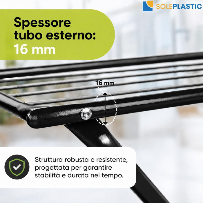 Stendino in Metallo - 20 METRI di Stenditura | Richiudibile, supporta 10 KG di panni, struttura tubolare verniciata, alette laterali, aperto 180x55x110 cm, salvaspazio