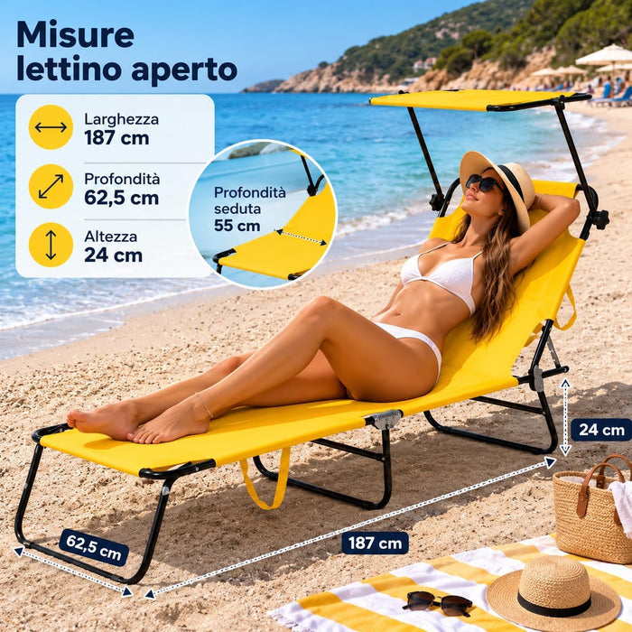 Lettino Spiaggia Richiudibile con Schienale Regolabile  | Acciaio Ø18 mm, poliestere resistente, parasole orientabile, 187x62,5 cm aperto, 70x55 cm chiuso