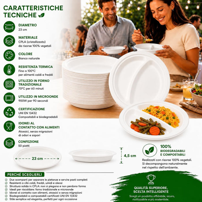 Piatti Bio 2 Scomparti Ø 23 cm 50 pz | Soleplastic