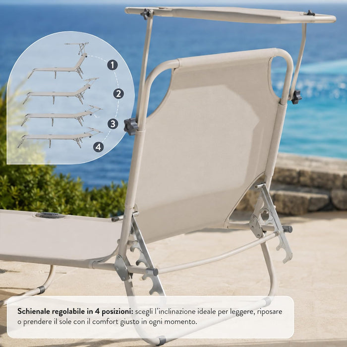 Lettino Mare Pieghevole con Tettuccio e Schienale 4 Posizioni  | Lettino in Acciaio stabile, richiudibile e resistente fino a 110 kg - per spiaggia, piscina e campeggio