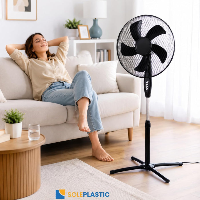 Ventilatore a Piantana Silenzioso con 3 Velocità e Oscillazione, Diametro 40 cm, altezza regolabile 103-130 cm, , 5 pale in PP