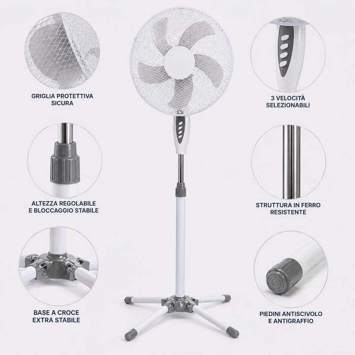 Ventilatore a Piantana Silenzioso con 3 Velocità e Oscillazione, Diametro 40 cm, altezza regolabile 103-130 cm, , 5 pale in PP