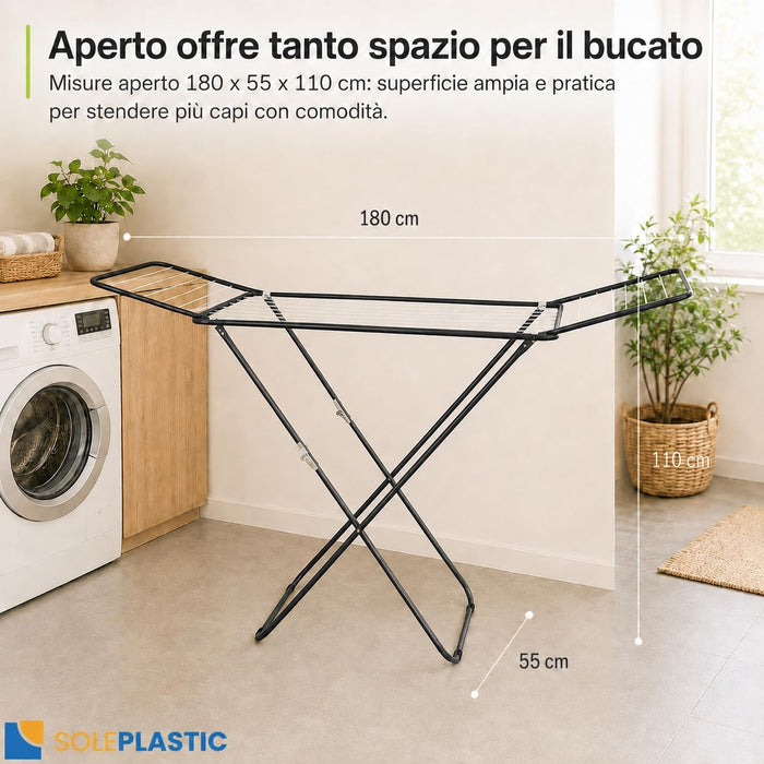 Stendino in Metallo - 20 METRI di Stenditura | Richiudibile, supporta 10 KG di panni, struttura tubolare verniciata, alette laterali, aperto 180x55x110 cm, salvaspazio