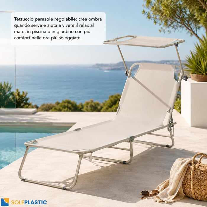 Lettino Mare Pieghevole con Tettuccio e Schienale 4 Posizioni  | Lettino in Acciaio stabile, richiudibile e resistente fino a 110 kg - per spiaggia, piscina e campeggio