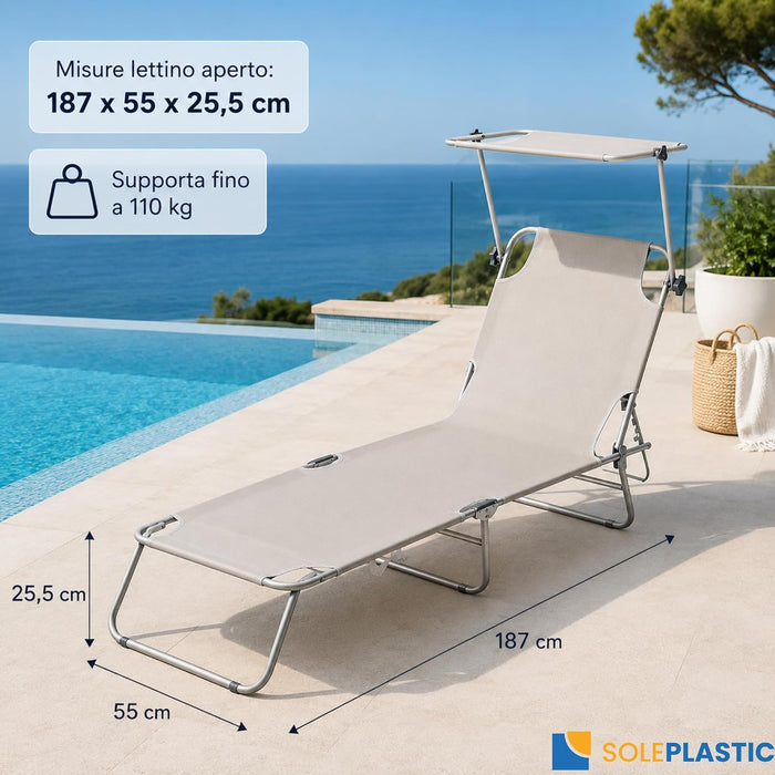 Lettino Mare Pieghevole con Tettuccio e Schienale 4 Posizioni  | Lettino in Acciaio stabile, richiudibile e resistente fino a 110 kg - per spiaggia, piscina e campeggio