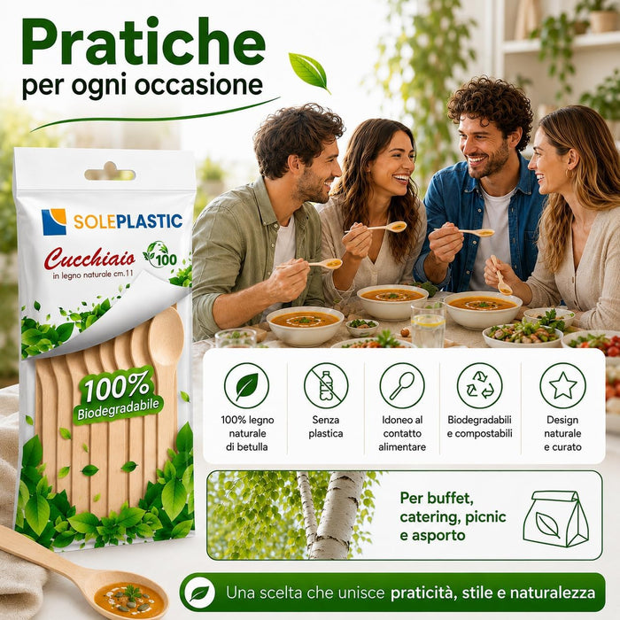 Cucchiaini da Caffè Legno di Betulla 11 cm RESISTENTI - Posate Bio Compostabili e Biodegradabili - Cucchiaini da Dolce Naturali per Caffè, Dolce, Catering, Buffet, Feste, Cibo Caldo o Freddo