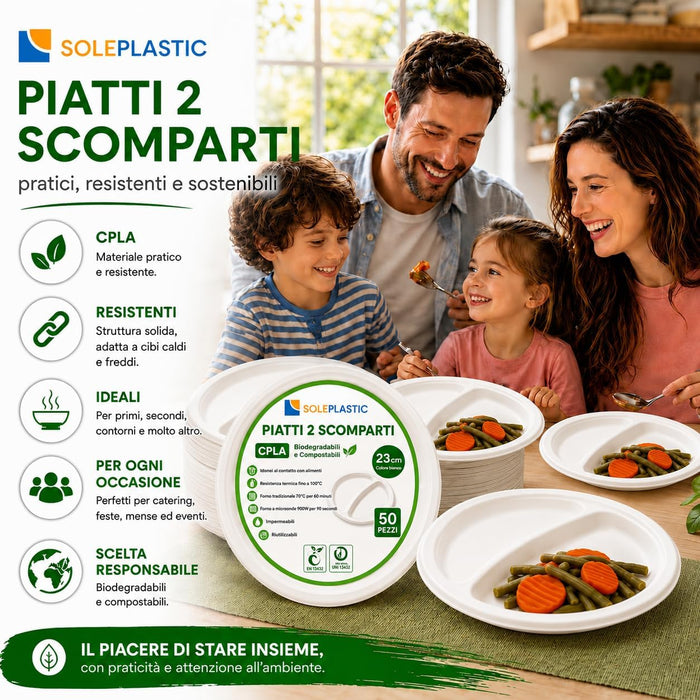 Piatti Bio 2 Scomparti Ø 23 cm 50 pz | Soleplastic
