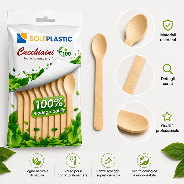 Cucchiaini da Caffè Legno di Betulla 11 cm RESISTENTI - Posate Bio Compostabili e Biodegradabili - Cucchiaini da Dolce Naturali per Caffè, Dolce, Catering, Buffet, Feste, Cibo Caldo o Freddo