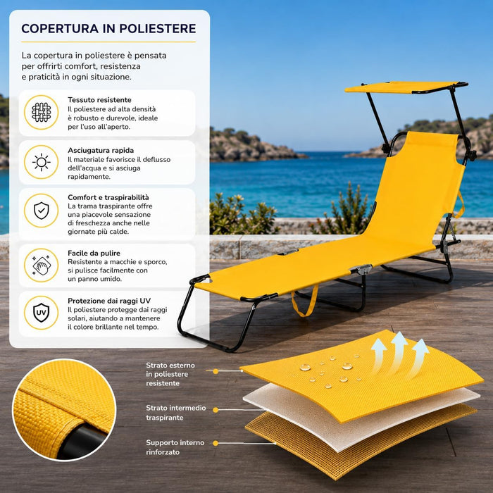 Lettino Spiaggia Richiudibile con Schienale Regolabile  | Acciaio Ø18 mm, poliestere resistente, parasole orientabile, 187x62,5 cm aperto, 70x55 cm chiuso