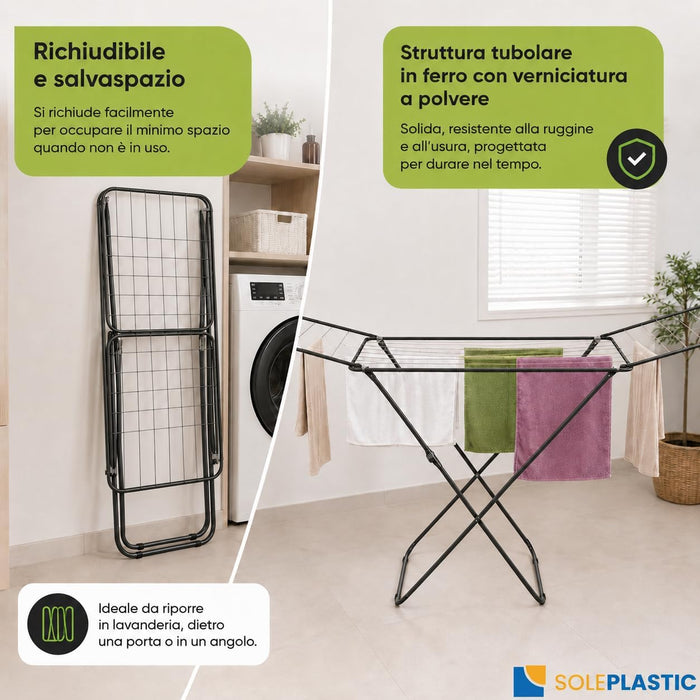 Stendino in Metallo - 20 METRI di Stenditura | Richiudibile, supporta 10 KG di panni, struttura tubolare verniciata, alette laterali, aperto 180x55x110 cm, salvaspazio