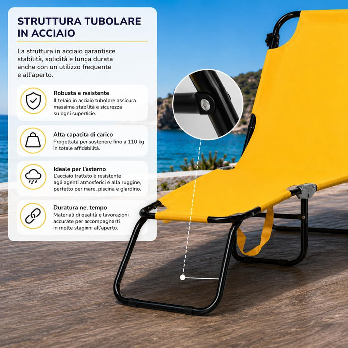 Lettino Spiaggia Richiudibile con Schienale Regolabile  | Acciaio Ø18 mm, poliestere resistente, parasole orientabile, 187x62,5 cm aperto, 70x55 cm chiuso