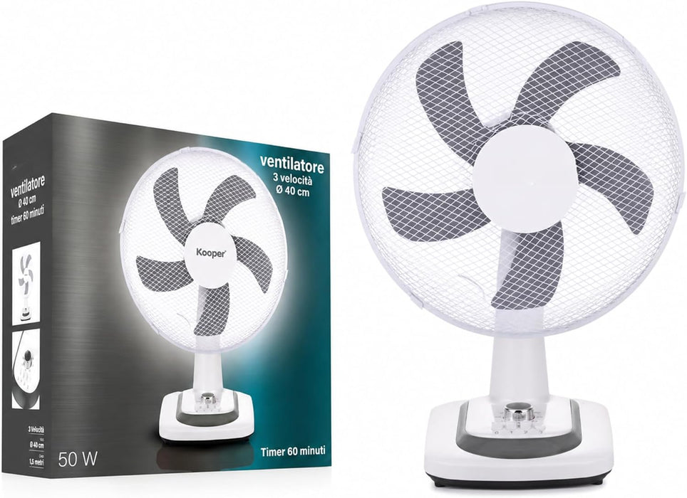 Ventilatore da Tavolo Ø40 cm SILENZIOSO - Oscillazione e 3 Velocità Bianco | 5 pale, timer 60 min, griglia in ferro, 50 W, ideale per casa e ufficio, cavo 150 cm