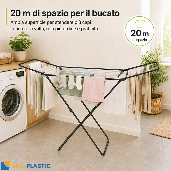 Stendino in Metallo - 20 METRI di Stenditura | Richiudibile, supporta 10 KG di panni, struttura tubolare verniciata, alette laterali, aperto 180x55x110 cm, salvaspazio