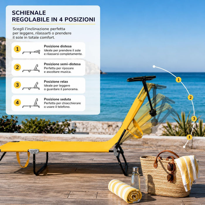 Lettino Spiaggia Richiudibile con Schienale Regolabile  | Acciaio Ø18 mm, poliestere resistente, parasole orientabile, 187x62,5 cm aperto, 70x55 cm chiuso