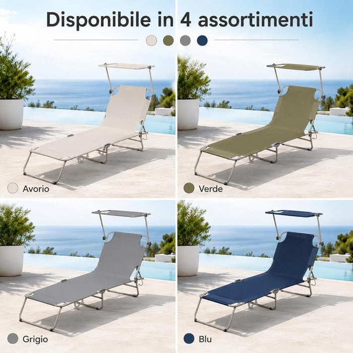 Lettino Mare Pieghevole con Tettuccio e Schienale 4 Posizioni  | Lettino in Acciaio stabile, richiudibile e resistente fino a 110 kg - per spiaggia, piscina e campeggio