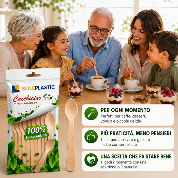 Cucchiaini da Caffè Legno di Betulla 11 cm RESISTENTI - Posate Bio Compostabili e Biodegradabili - Cucchiaini da Dolce Naturali per Caffè, Dolce, Catering, Buffet, Feste, Cibo Caldo o Freddo