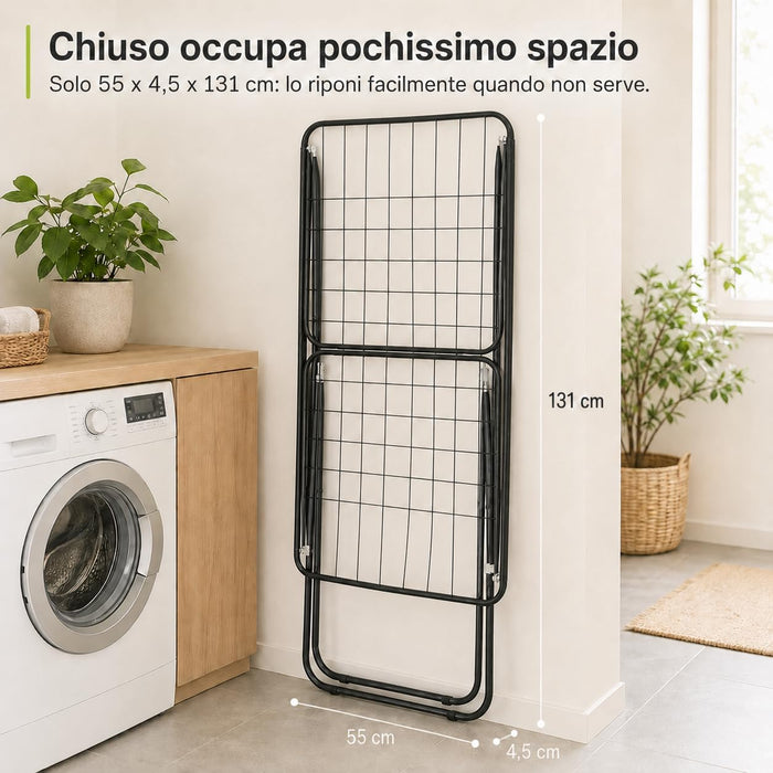 Stendino in Metallo - 20 METRI di Stenditura | Richiudibile, supporta 10 KG di panni, struttura tubolare verniciata, alette laterali, aperto 180x55x110 cm, salvaspazio