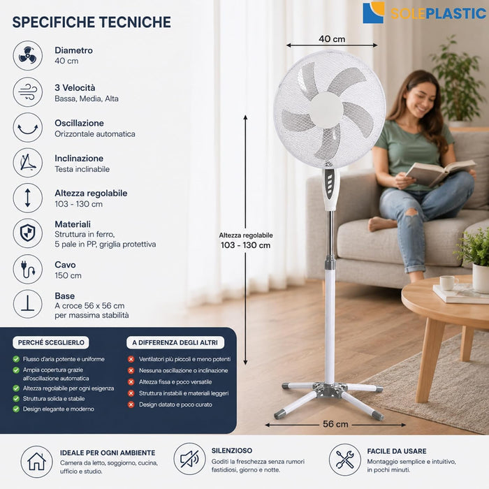 Ventilatore a Piantana Silenzioso con 3 Velocità e Oscillazione, Diametro 40 cm, altezza regolabile 103-130 cm, , 5 pale in PP