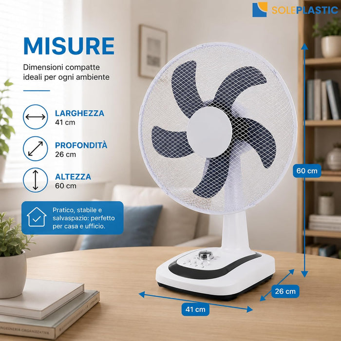 Ventilatore da Tavolo Ø40 cm SILENZIOSO - Oscillazione e 3 Velocità Bianco | 5 pale, timer 60 min, griglia in ferro, 50 W, ideale per casa e ufficio, cavo 150 cm