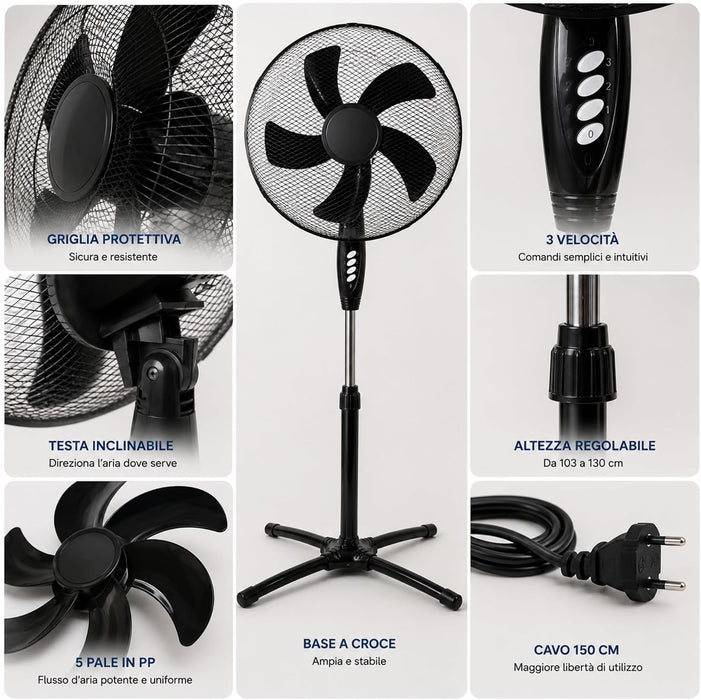 Ventilatore a Piantana Silenzioso con 3 Velocità e Oscillazione, Diametro 40 cm, altezza regolabile 103-130 cm, , 5 pale in PP