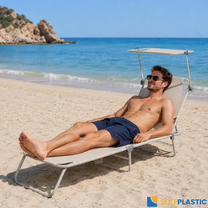 Lettino Mare Pieghevole con Tettuccio e Schienale 4 Posizioni  | Lettino in Acciaio stabile, richiudibile e resistente fino a 110 kg - per spiaggia, piscina e campeggio