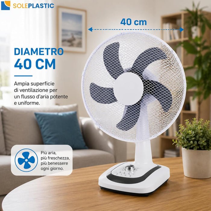Ventilatore da Tavolo Ø40 cm SILENZIOSO - Oscillazione e 3 Velocità Bianco | 5 pale, timer 60 min, griglia in ferro, 50 W, ideale per casa e ufficio, cavo 150 cm
