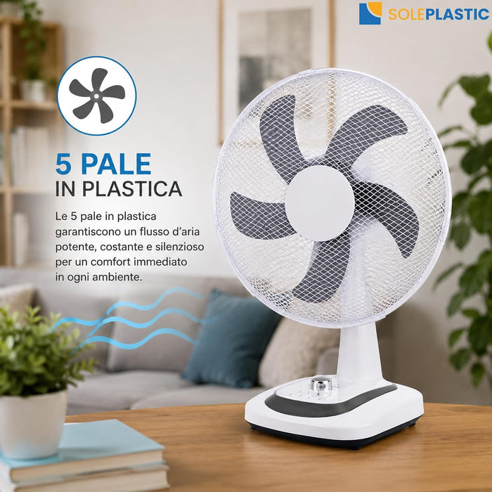 Ventilatore da Tavolo Ø40 cm SILENZIOSO - Oscillazione e 3 Velocità Bianco | 5 pale, timer 60 min, griglia in ferro, 50 W, ideale per casa e ufficio, cavo 150 cm