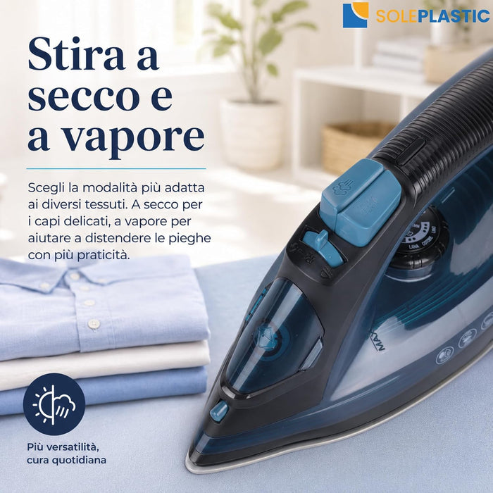 Ferro da Stiro a Vapore 2000 W con Piastra in Acciaio Inox