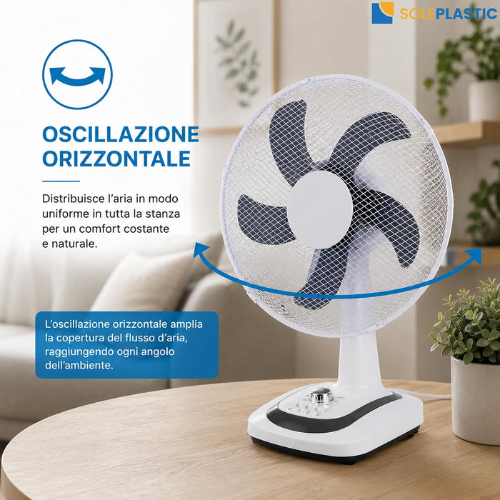 Ventilatore da Tavolo Ø40 cm SILENZIOSO - Oscillazione e 3 Velocità Bianco | 5 pale, timer 60 min, griglia in ferro, 50 W, ideale per casa e ufficio, cavo 150 cm