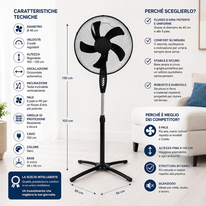 Ventilatore a Piantana Silenzioso con 3 Velocità e Oscillazione, Diametro 40 cm, altezza regolabile 103-130 cm, , 5 pale in PP