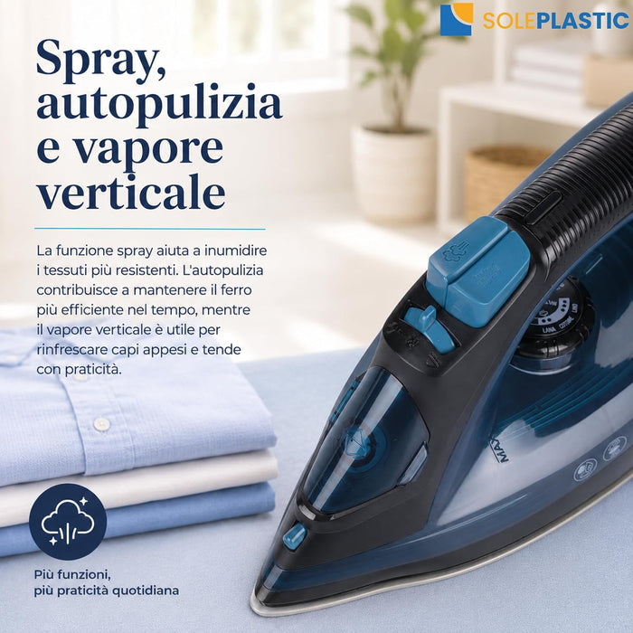 Ferro da Stiro a Vapore 2000 W con Piastra in Acciaio Inox