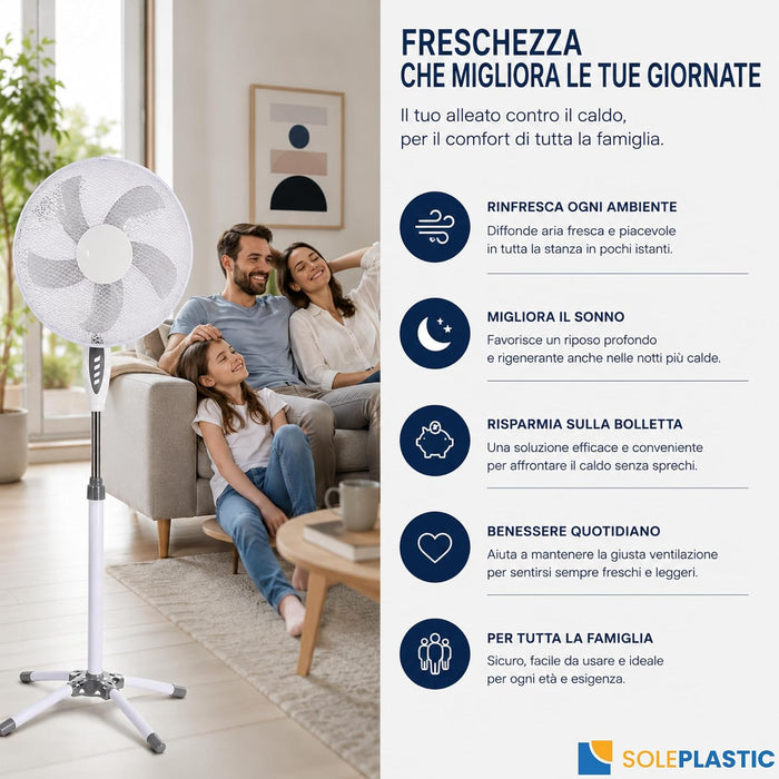 Ventilatore a Piantana Silenzioso con 3 Velocità e Oscillazione, Diametro 40 cm, altezza regolabile 103-130 cm, , 5 pale in PP