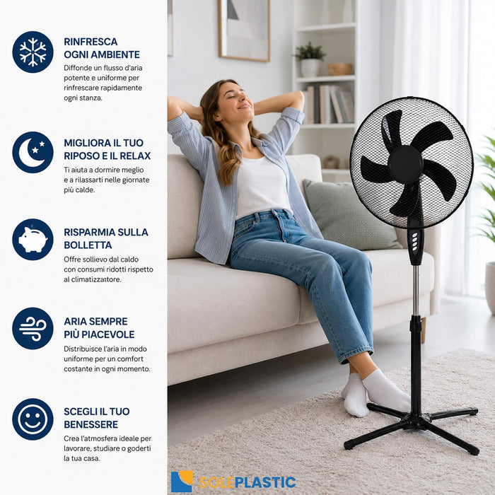 Ventilatore a Piantana Silenzioso con 3 Velocità e Oscillazione, Diametro 40 cm, altezza regolabile 103-130 cm, , 5 pale in PP