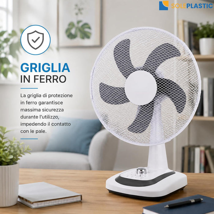Ventilatore da Tavolo Ø40 cm SILENZIOSO - Oscillazione e 3 Velocità Bianco | 5 pale, timer 60 min, griglia in ferro, 50 W, ideale per casa e ufficio, cavo 150 cm