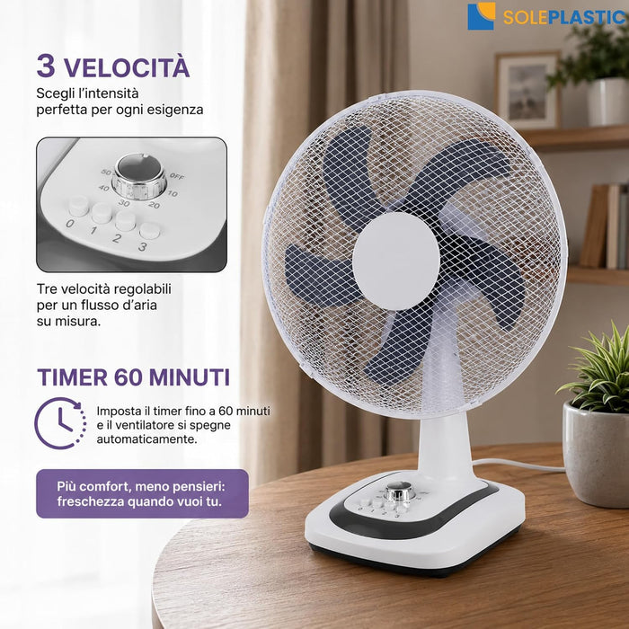 Ventilatore da Tavolo Ø40 cm SILENZIOSO - Oscillazione e 3 Velocità Bianco | 5 pale, timer 60 min, griglia in ferro, 50 W, ideale per casa e ufficio, cavo 150 cm