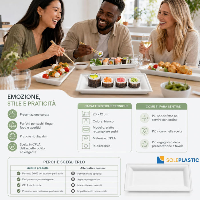 Piatti Bio Sushi Rettangolare Ø 26x12 cm 60 pz | Soleplastic