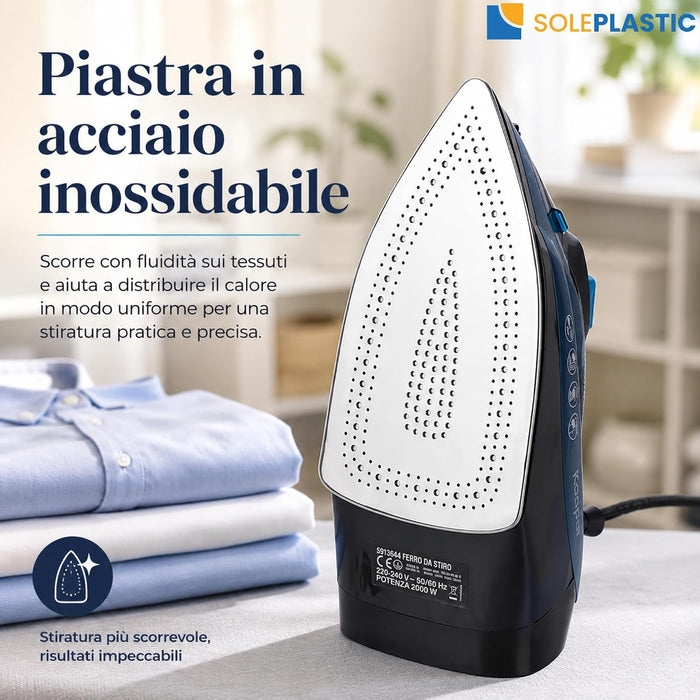 Ferro da Stiro a Vapore 2000 W con Piastra in Acciaio Inox