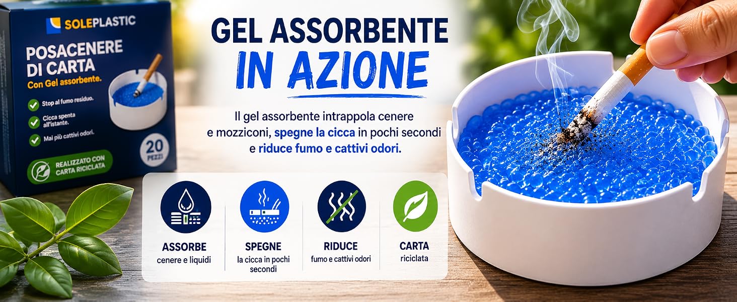 Posacenere da Esterno di Carta con Gel ASSORBENTE ed ELIMINA FUMO Pz. 20 - Monouso in Carta Riciclata - Posacenere Portatile RESISTENTE per Casa, Balcone, Ufficio, Eventi e Aree Fumatori